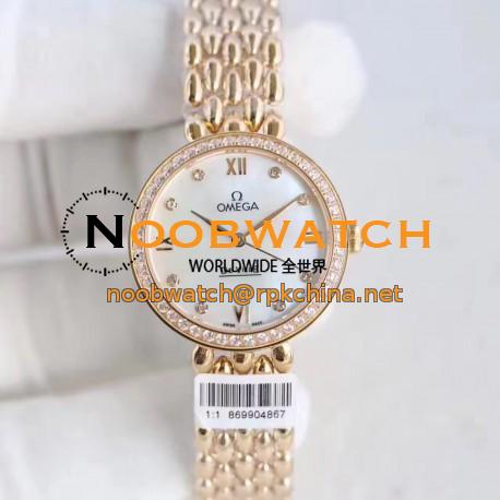 Replica Omega De Ville Dewdrop 424.55.27.60.55.006 XF Yellow Gold & Diamonds Mother Of Pearl Dial Swiss 8521