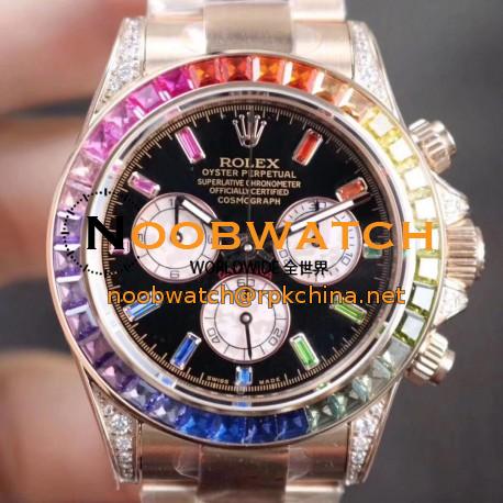 Replica Rolex Daytona Cosmograph Rainbow 116595RBOW BL Rose Gold & Diamonds Black Dial Swiss 4130 Run 6@SEC