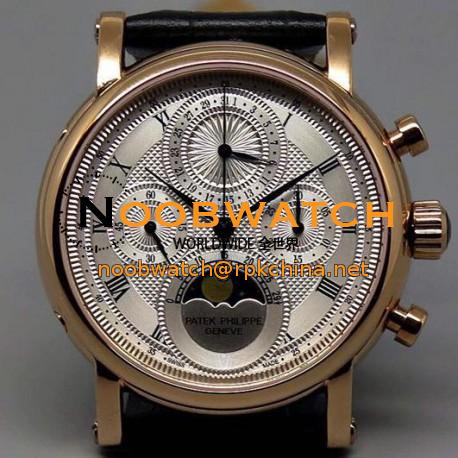 Replica Patek Philippe Moonphase Chronograph Rose Gold  White Dial Lemania