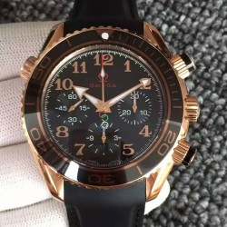 Replica Omega Seamaster Planet Ocean Chronograph Olympics Rose Gold Black Dial Black Rubber Strap Swiss 7750