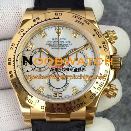 Replica Rolex Daytona Cosmograph 116518 JH Yellow Gold Diamonds & Pearl Dial Swiss 4130 Run 6@SEC