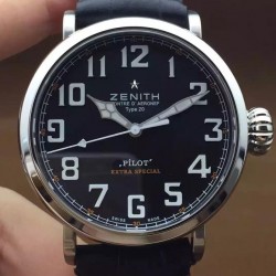 Replica Zenith Pilot Extra Special SS/LE Black Dial on Black Leather Strap