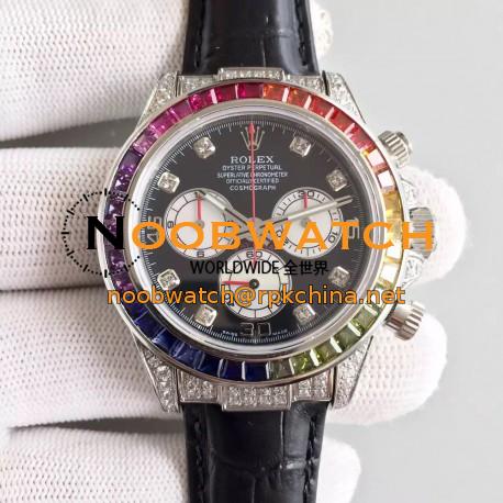 Replica Rolex Daytona Cosmograph 116599 Rainbow Stainless Steel & Diamonds Black Dial Swiss 7750 Run 6@SEC