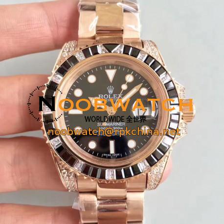 Replica Rolex Submariner Date 116618LN BP Rose Gold & Diamonds Black Dial Swiss 2836-2